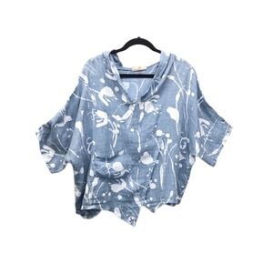 LANDS DOWNUNDER boxy artisan Linen top artsy lagenlook asymmetric shirt Size L
